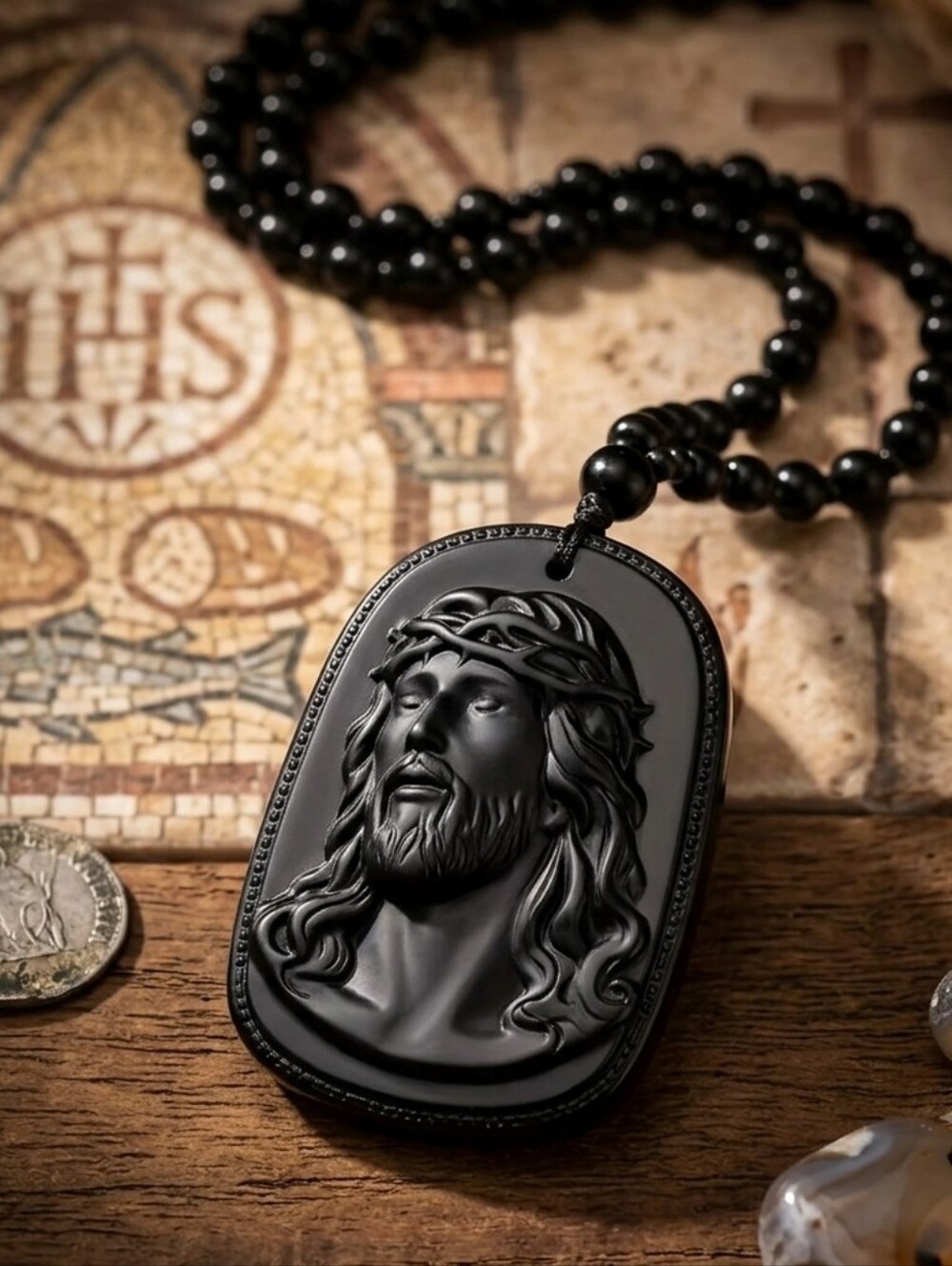 Black Jesus‎ Pendant Beaded Resin Necklace